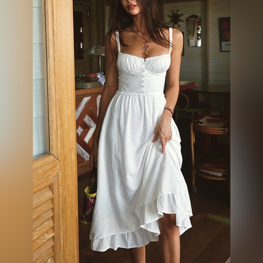 Commense Ruffle Hem Cami Plain Midi Dress